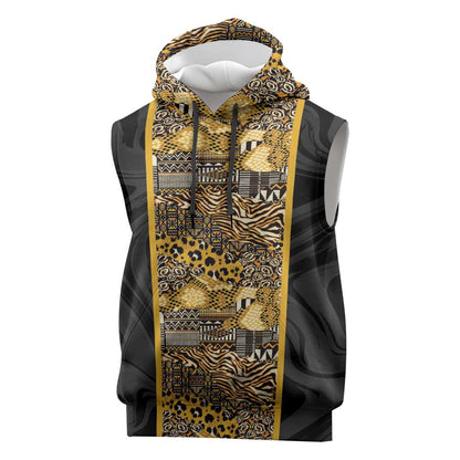 African Tribal Heritage Sleeveless Hoodie Black Gold Pattern