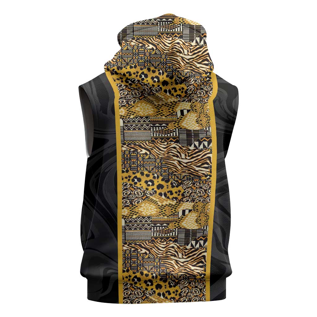 African Tribal Heritage Sleeveless Hoodie Black Gold Pattern