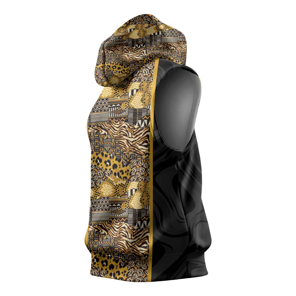African Tribal Heritage Sleeveless Hoodie Black Gold Pattern