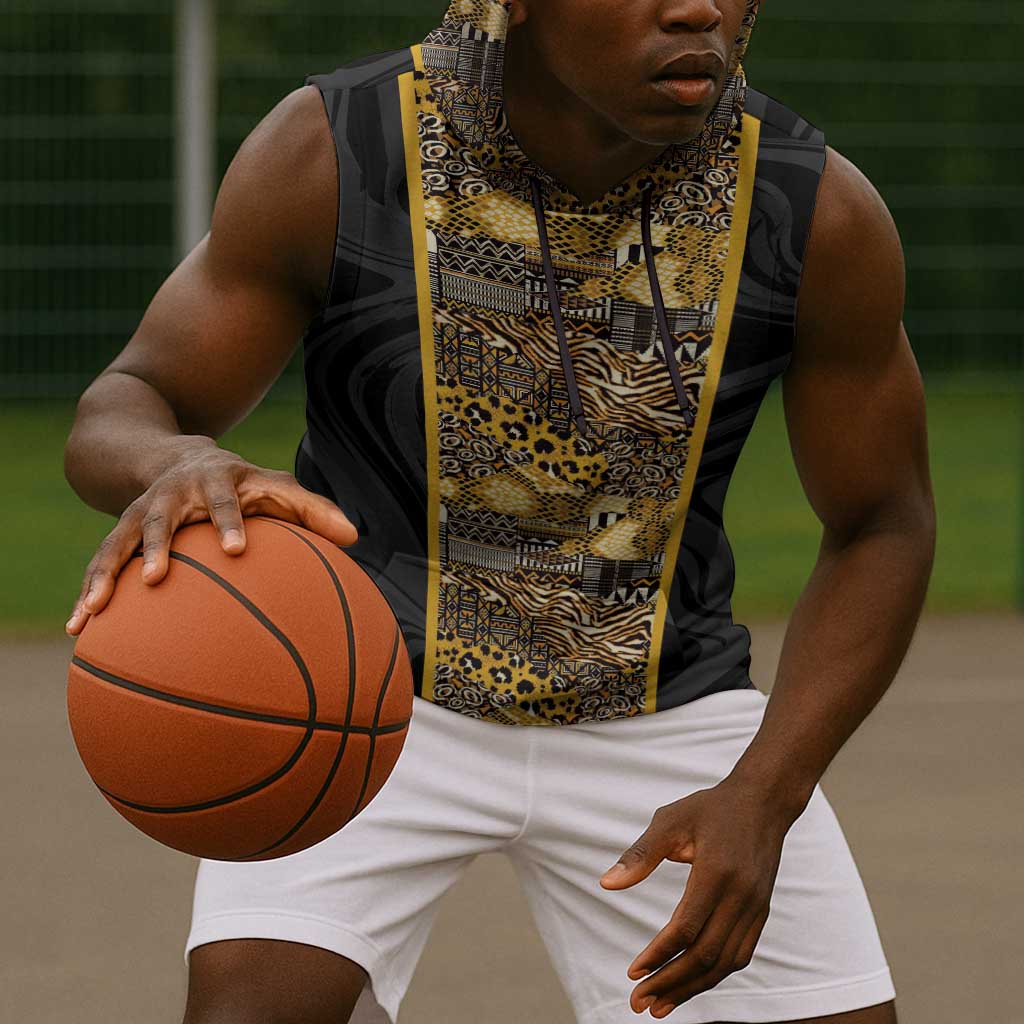 African Tribal Heritage Sleeveless Hoodie Black Gold Pattern