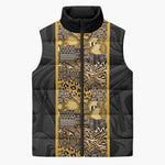 African Tribal Heritage Sleeveless Puffer Jacket Black Gold Pattern
