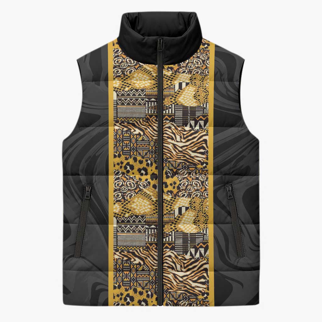 African Tribal Heritage Sleeveless Puffer Jacket Black Gold Pattern