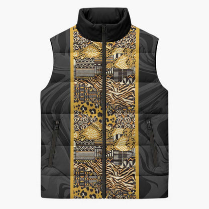 African Tribal Heritage Sleeveless Puffer Jacket Black Gold Pattern