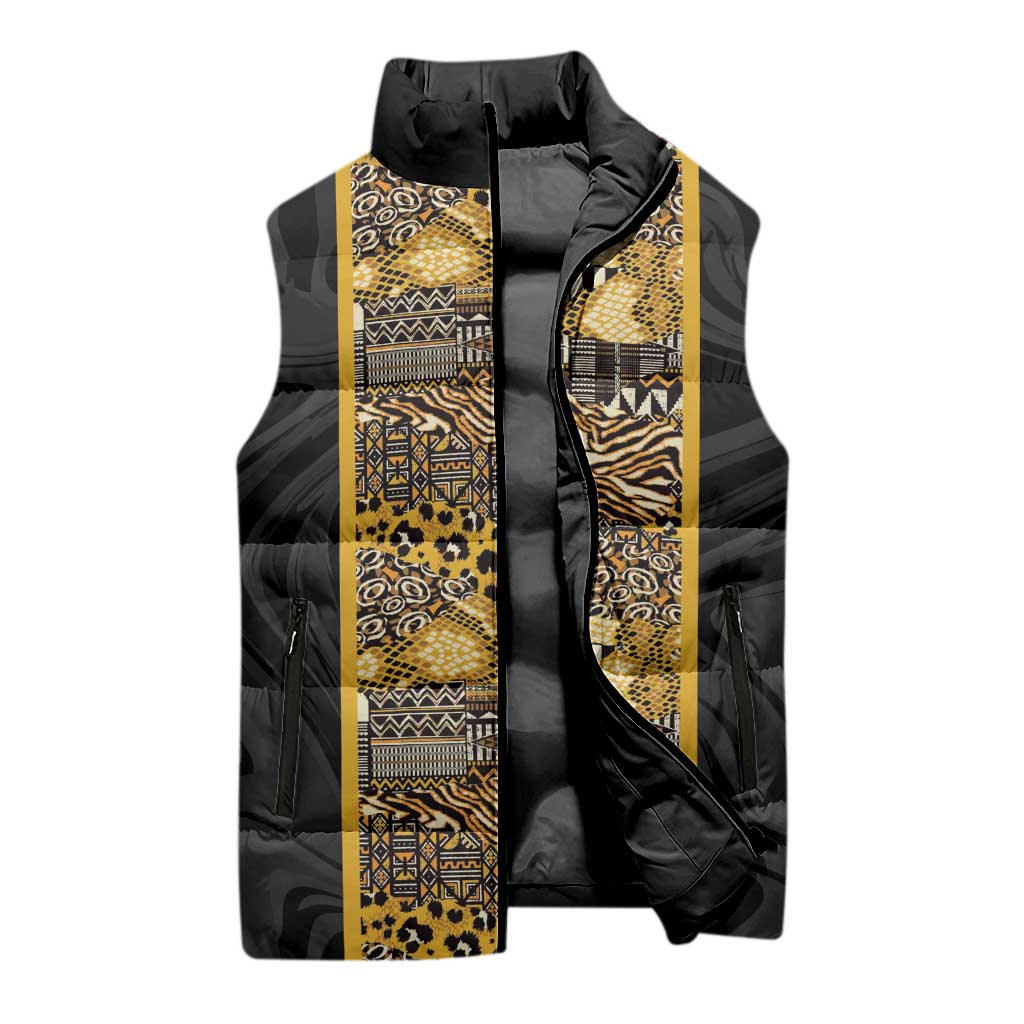 African Tribal Heritage Sleeveless Puffer Jacket Black Gold Pattern