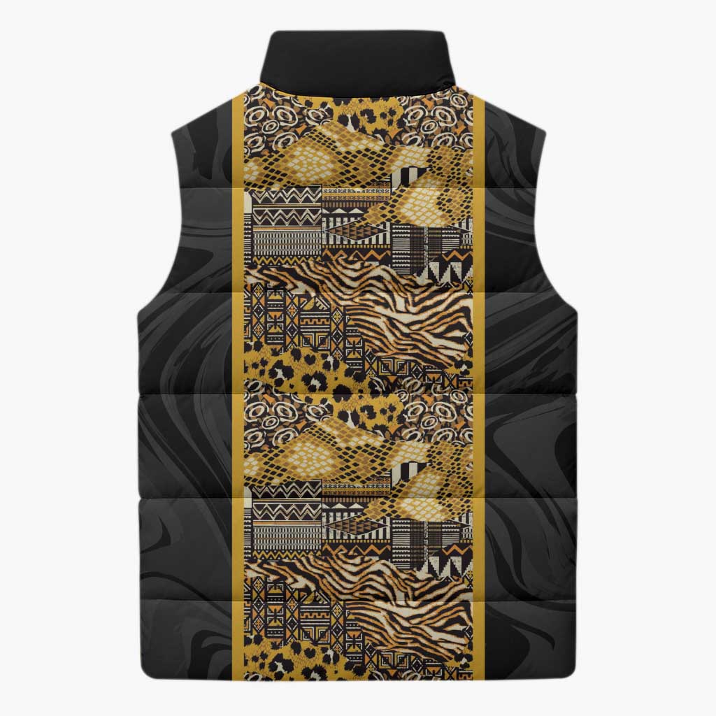 African Tribal Heritage Sleeveless Puffer Jacket Black Gold Pattern