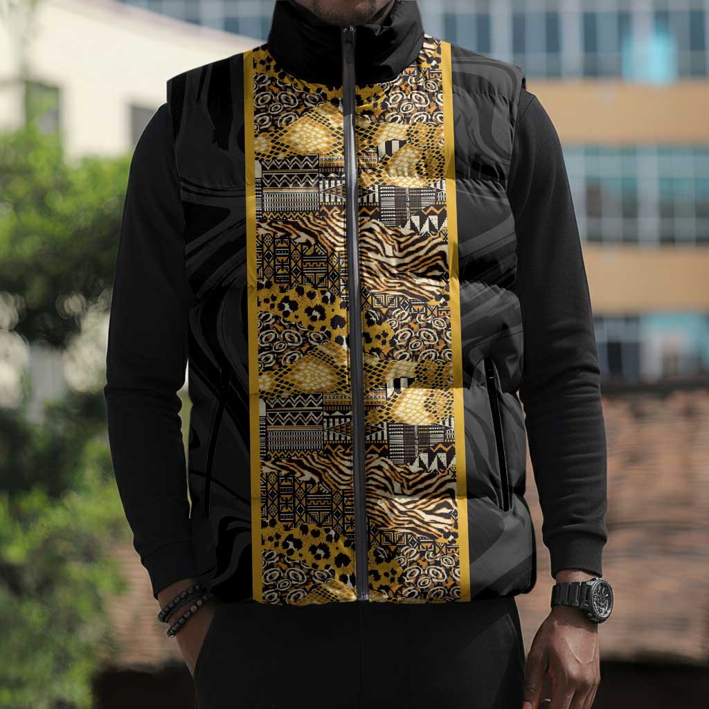 African Tribal Heritage Sleeveless Puffer Jacket Black Gold Pattern