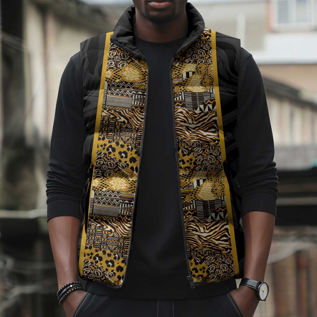 African Tribal Heritage Sleeveless Puffer Jacket Black Gold Pattern