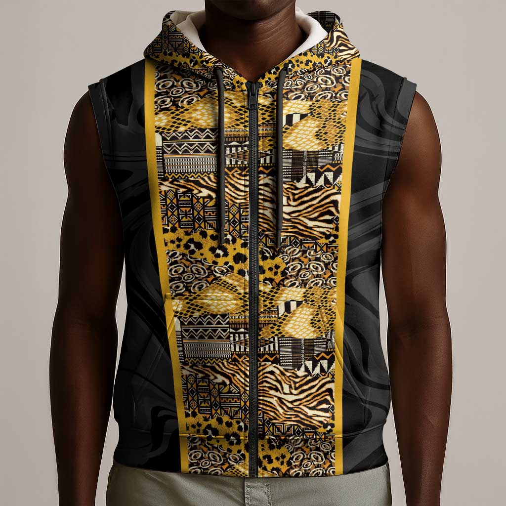 African Tribal Heritage Sleeveless Zip Hoodie Black Gold Pattern