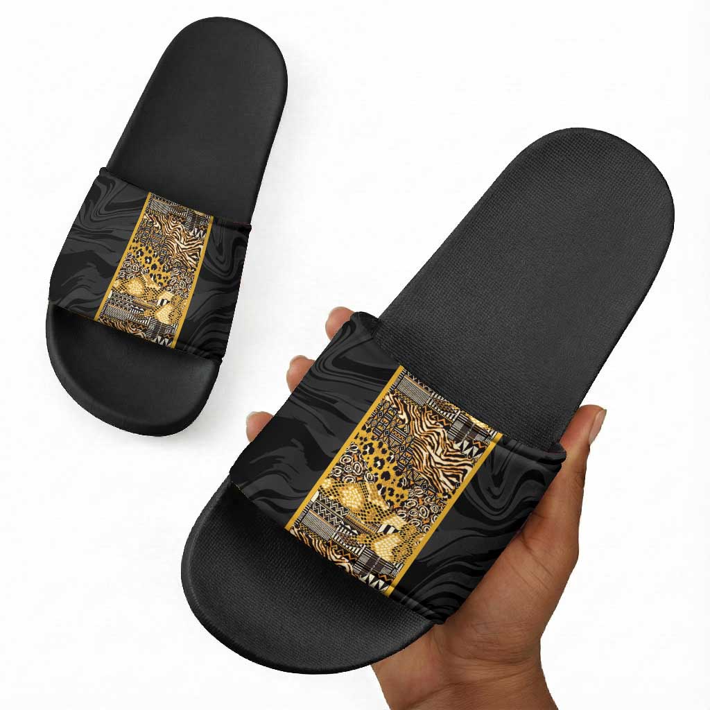 African Tribal Heritage Slide Sandals Black Gold Pattern