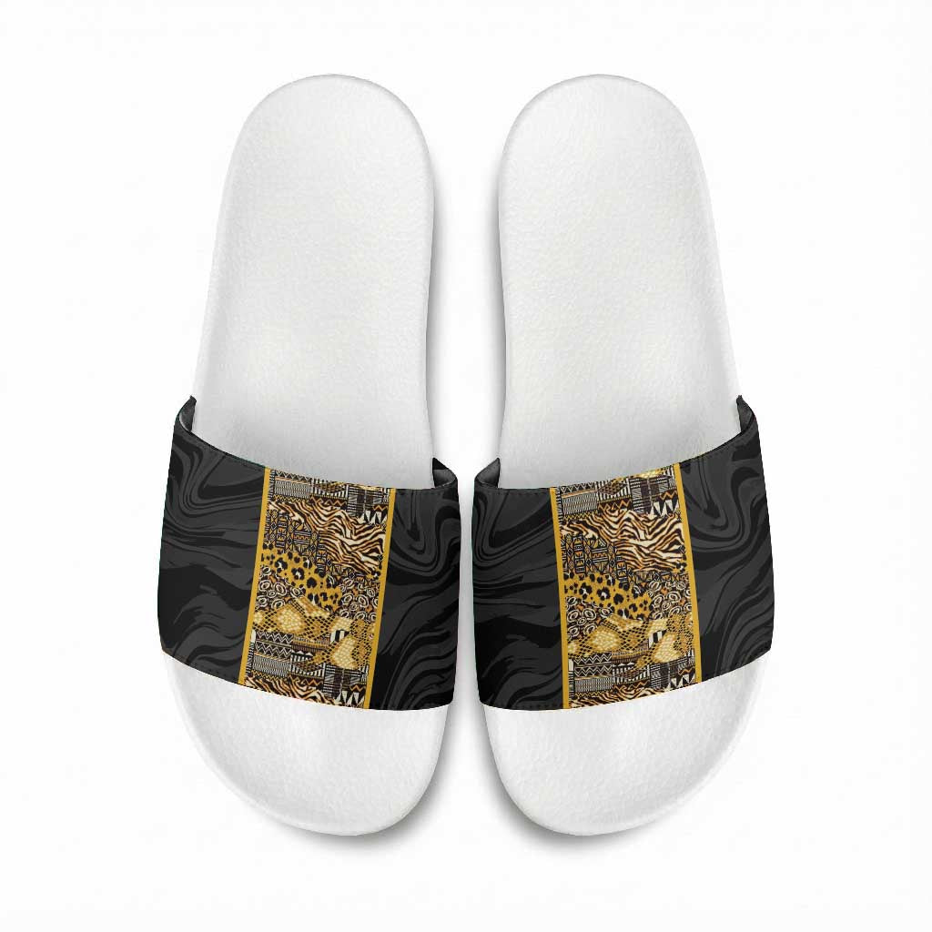 African Tribal Heritage Slide Sandals Black Gold Pattern
