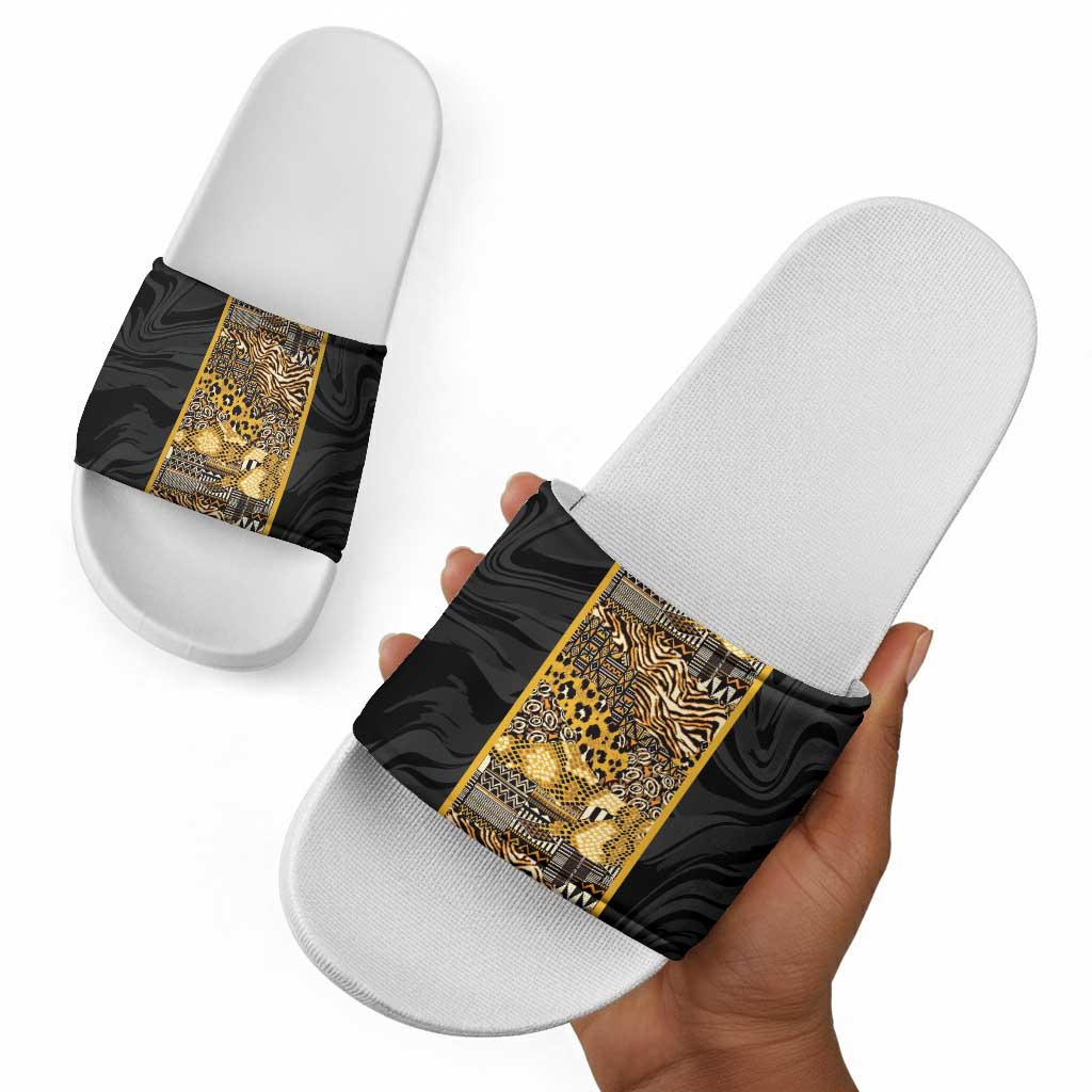 African Tribal Heritage Slide Sandals Black Gold Pattern