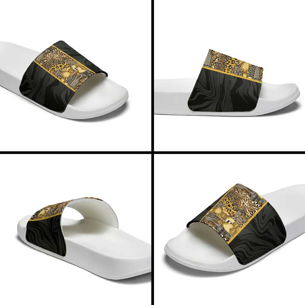 African Tribal Heritage Slide Sandals Black Gold Pattern