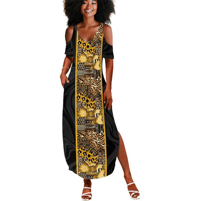 African Tribal Heritage Summer Maxi Dress Black Gold Pattern