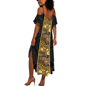 African Tribal Heritage Summer Maxi Dress Black Gold Pattern