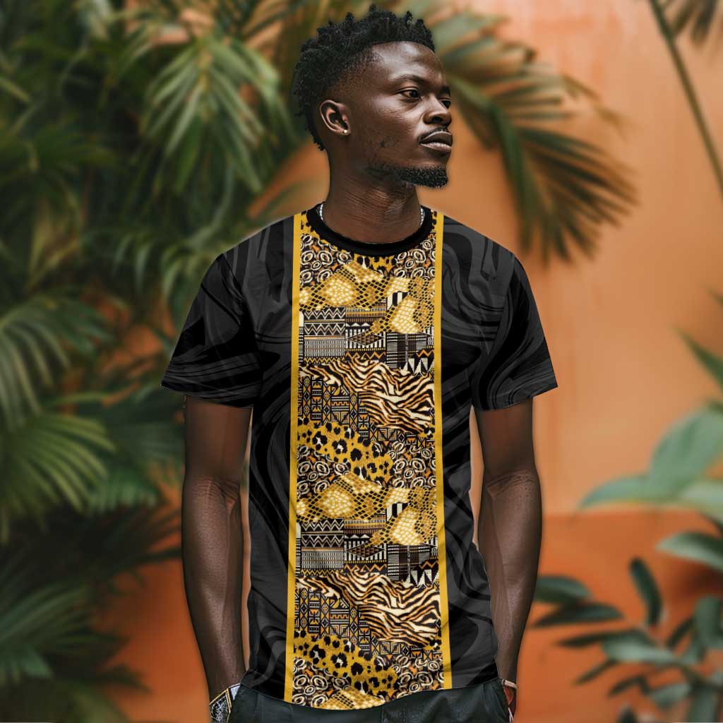 African Tribal Heritage T shirt Black Gold Pattern
