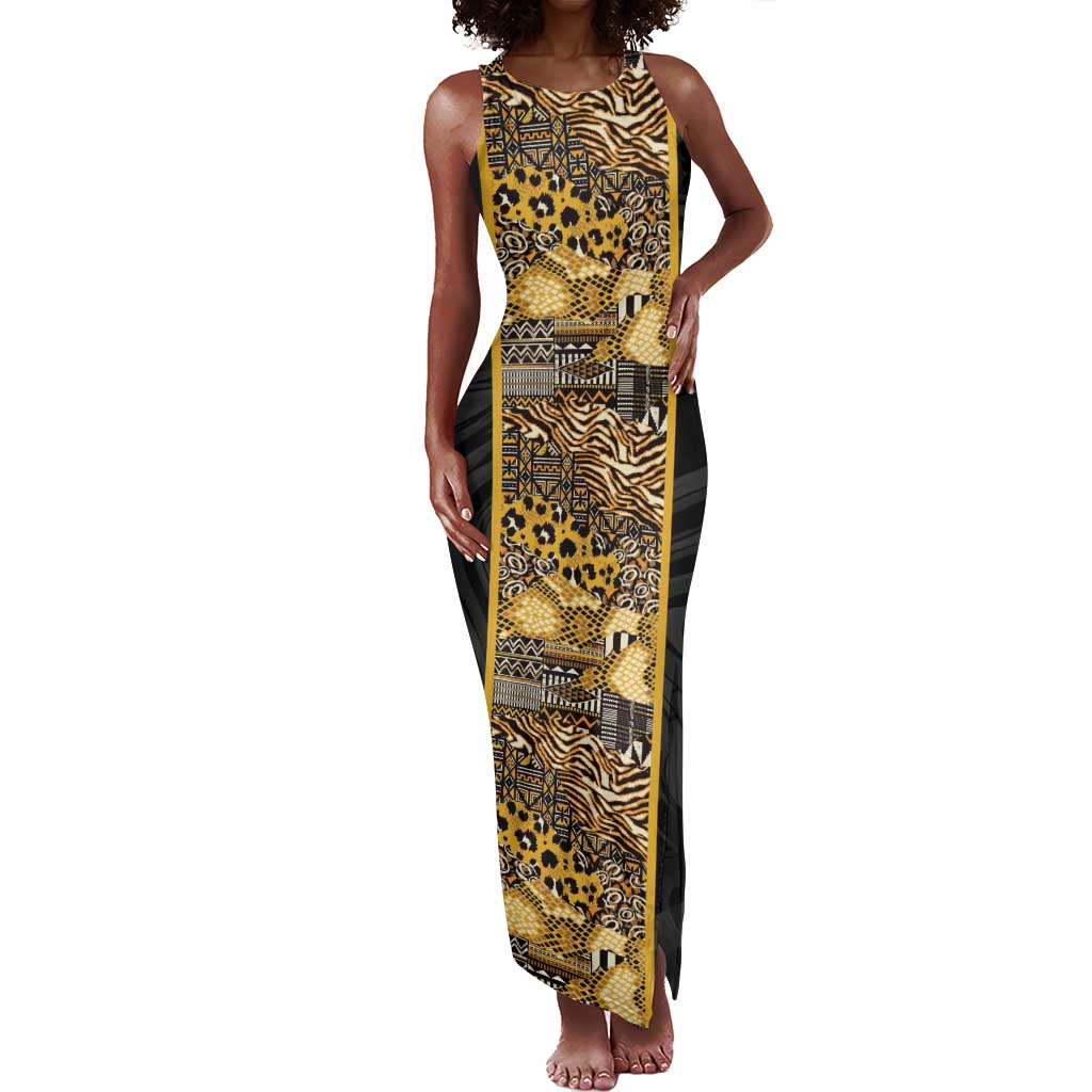 African Tribal Heritage Tank Maxi Dress Black Gold Pattern