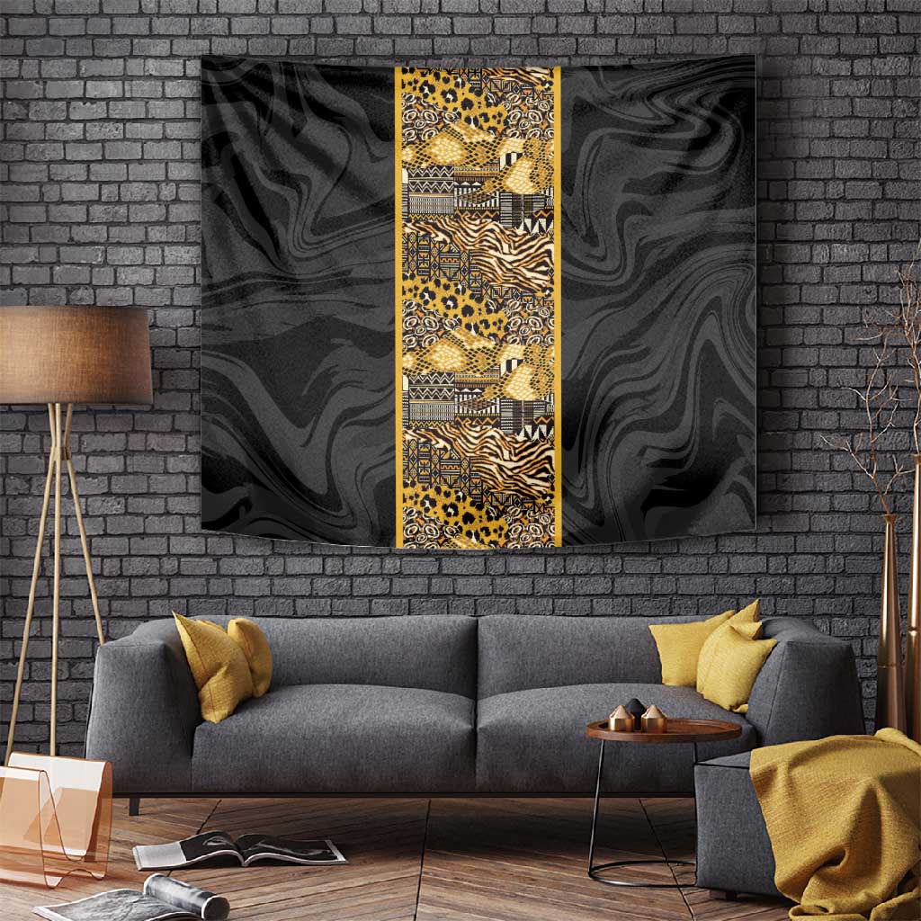 African Tribal Heritage Tapestry Black Gold Pattern