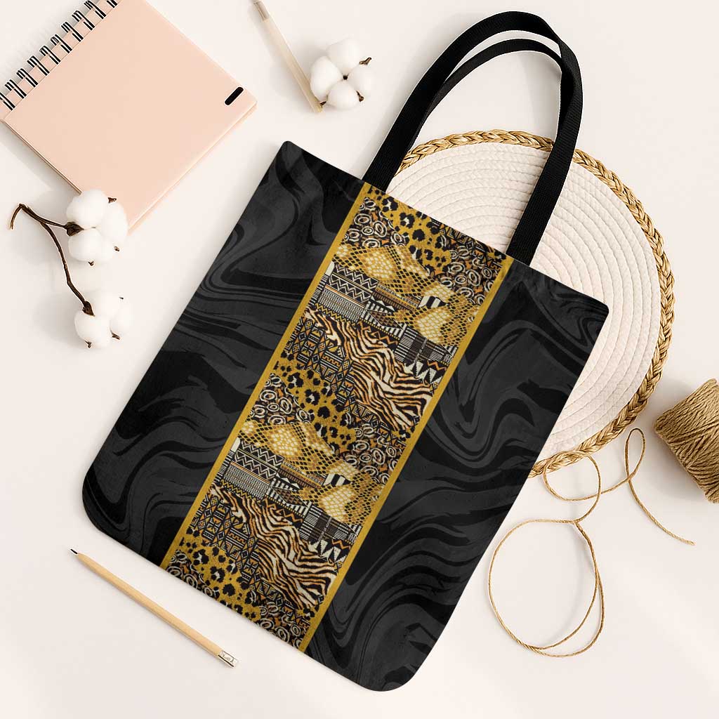 African Tribal Heritage Tote Bag Black Gold Pattern