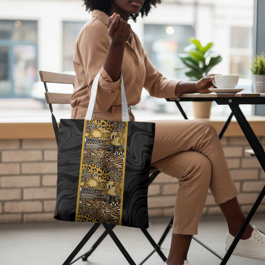 African Tribal Heritage Tote Bag Black Gold Pattern