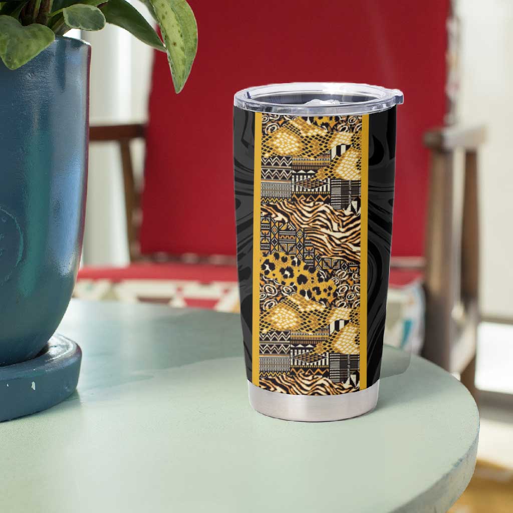 African Tribal Heritage Tumbler Cup Black Gold Pattern