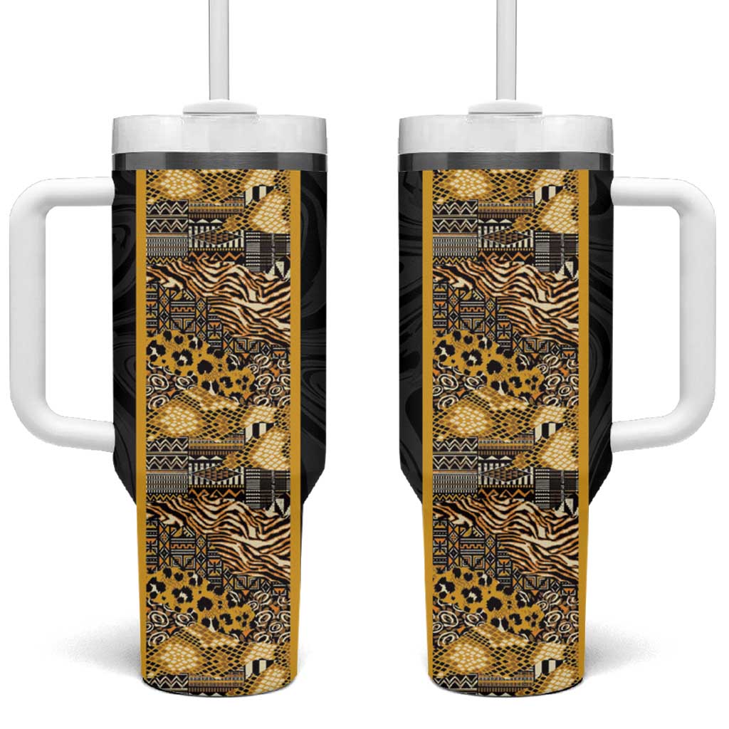 African Tribal Heritage Tumbler With Handle Black Gold Pattern
