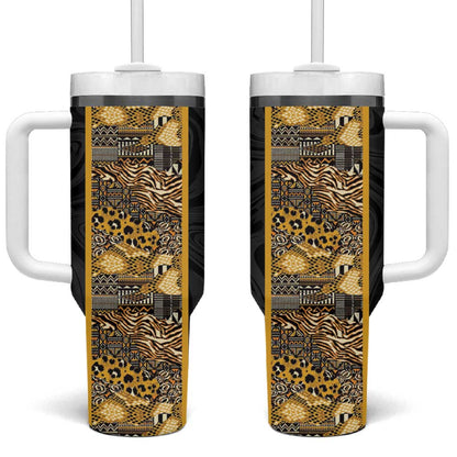 African Tribal Heritage Tumbler With Handle Black Gold Pattern