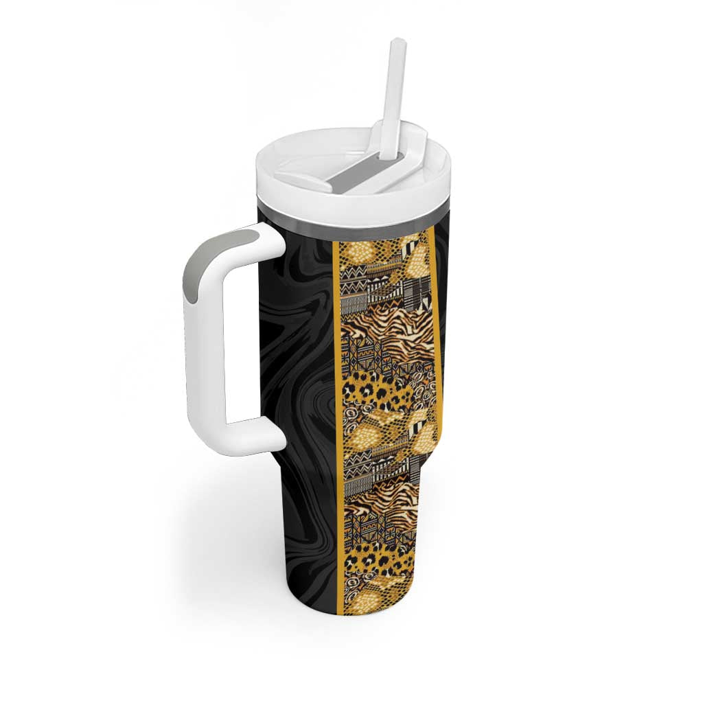 African Tribal Heritage Tumbler With Handle Black Gold Pattern