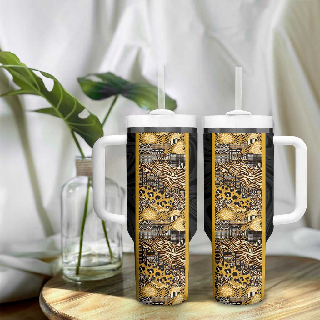 African Tribal Heritage Tumbler With Handle Black Gold Pattern