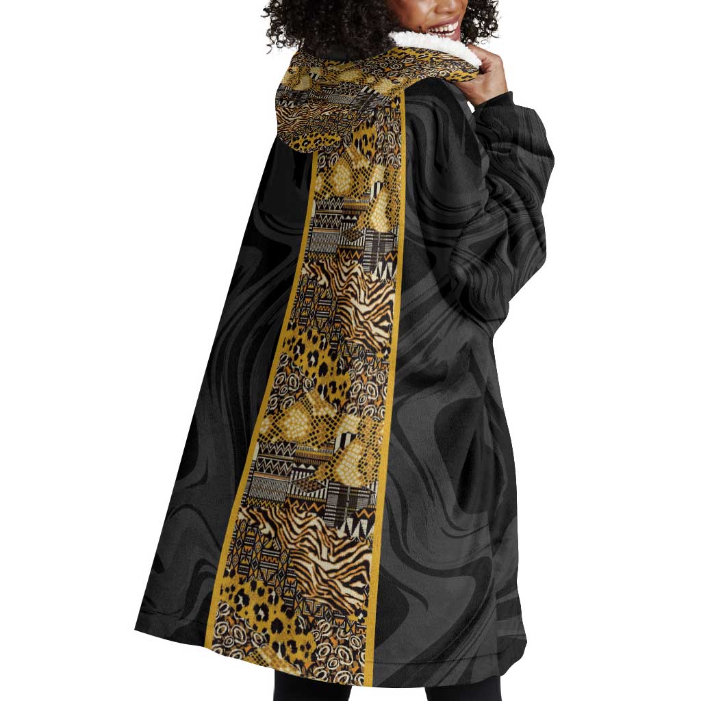 African Tribal Heritage Wearable Blanket Hoodie Black Gold Pattern