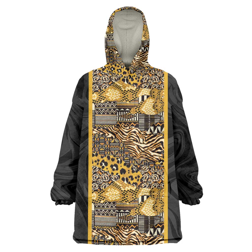 African Tribal Heritage Wearable Blanket Hoodie Black Gold Pattern