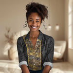 African Tribal Heritage Women Casual Shirt Black Gold Pattern