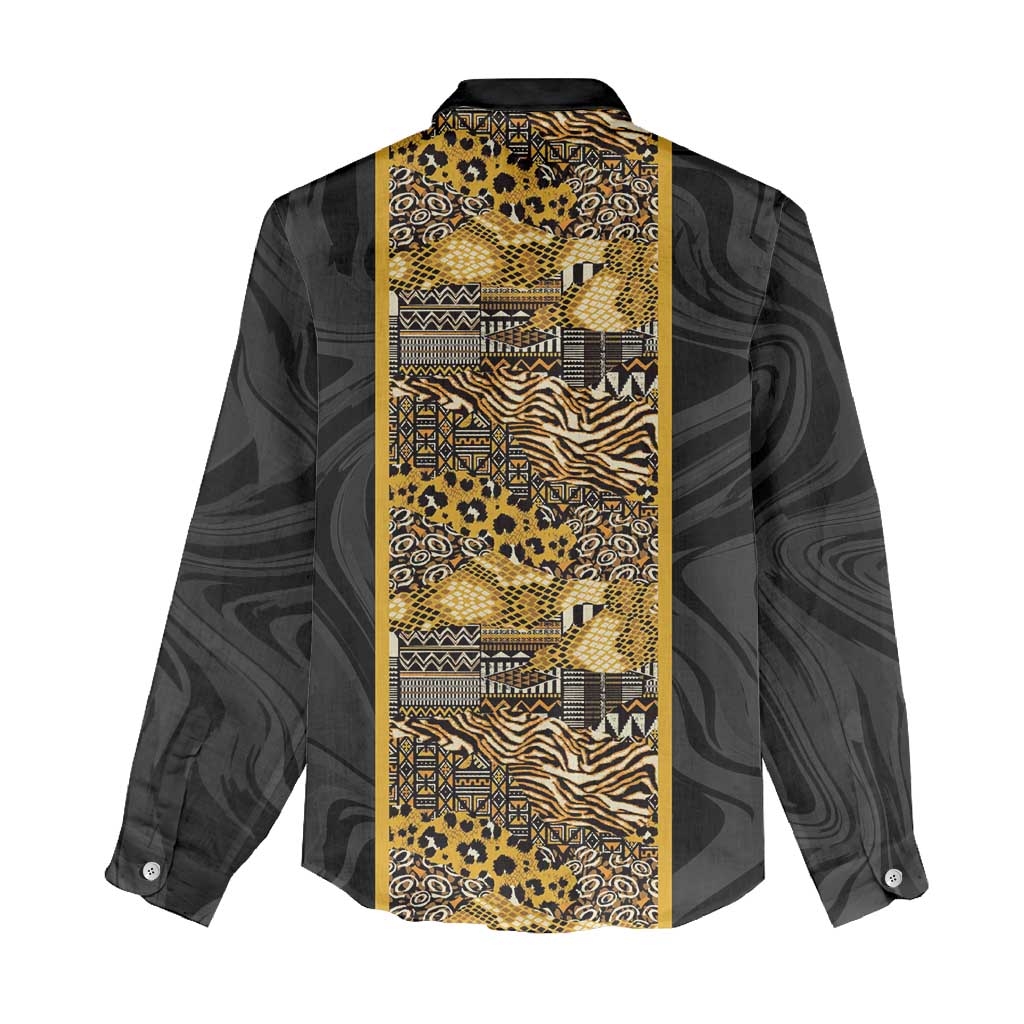 African Tribal Heritage Women Casual Shirt Black Gold Pattern