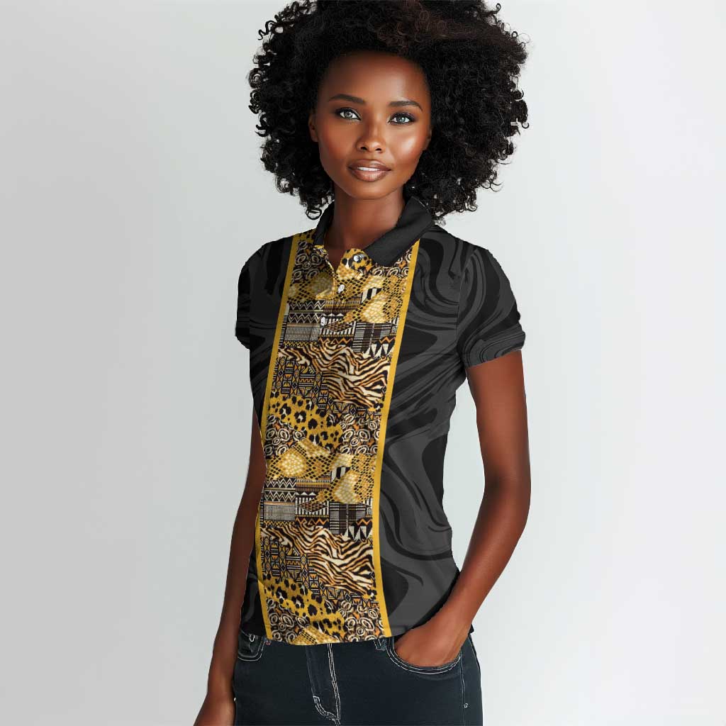African Tribal Heritage Women Polo Shirt Black Gold Pattern
