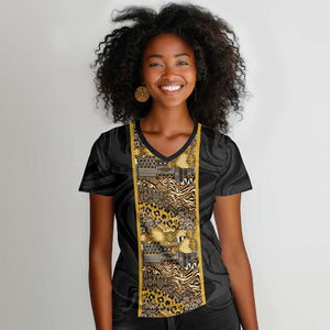 African Tribal Heritage Women V-Neck T-Shirt Black Gold Pattern