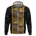 African Tribal Heritage Zip Hoodie Black Gold Pattern