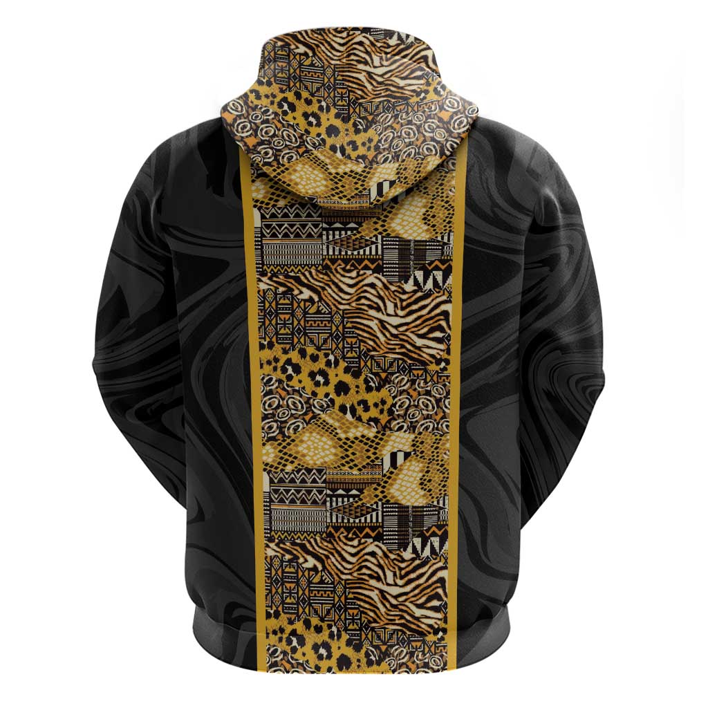 African Tribal Heritage Zip Hoodie Black Gold Pattern