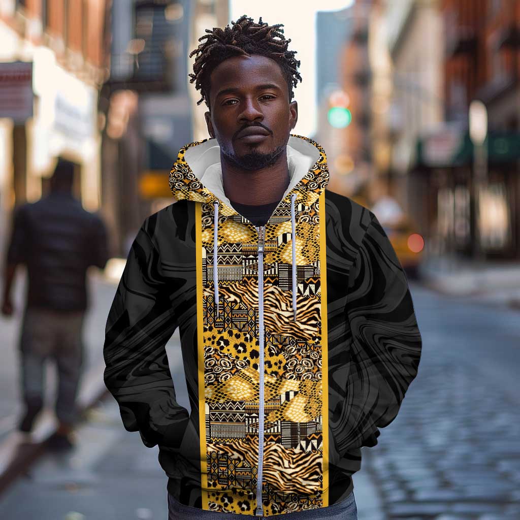 African Tribal Heritage Zip Hoodie Black Gold Pattern