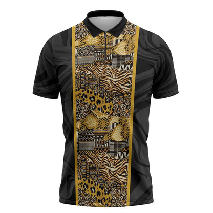 African Tribal Heritage Zipper Polo Shirt Black Gold Pattern