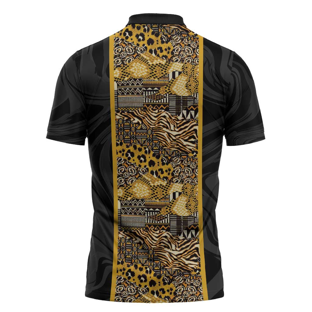African Tribal Heritage Zipper Polo Shirt Black Gold Pattern