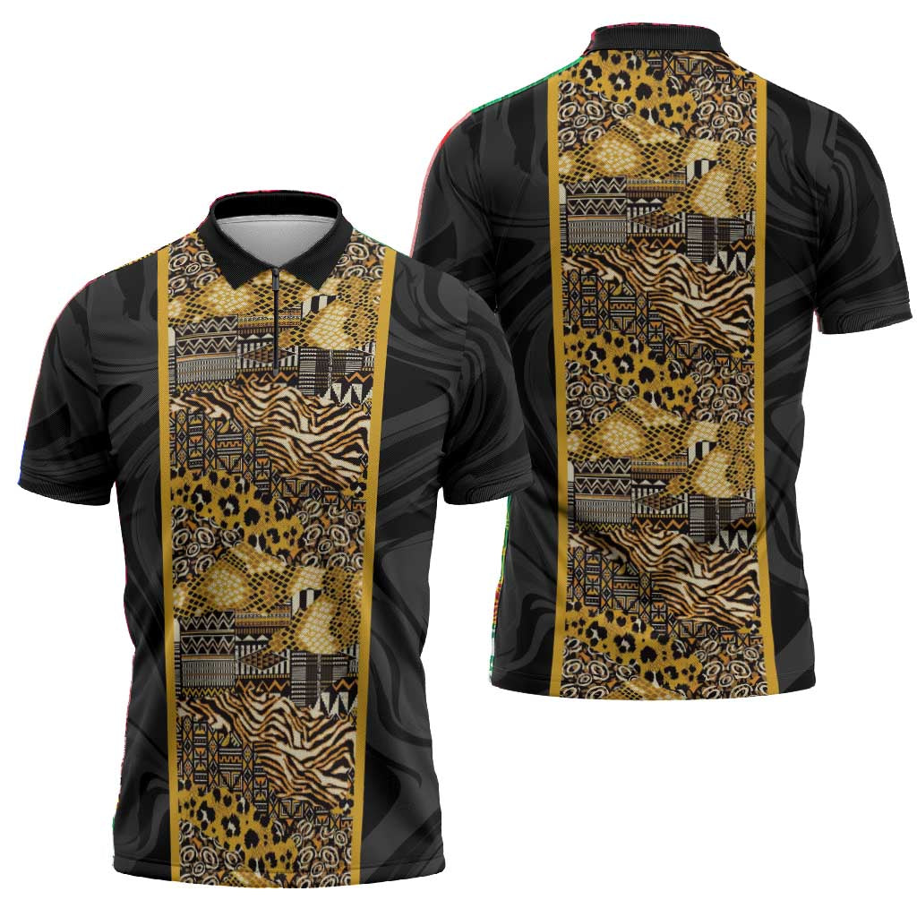 African Tribal Heritage Zipper Polo Shirt Black Gold Pattern