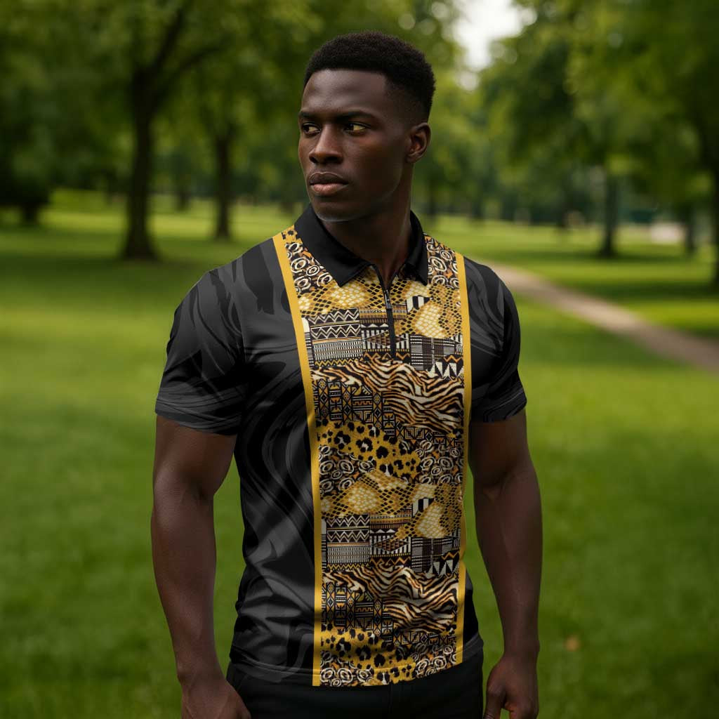 African Tribal Heritage Zipper Polo Shirt Black Gold Pattern