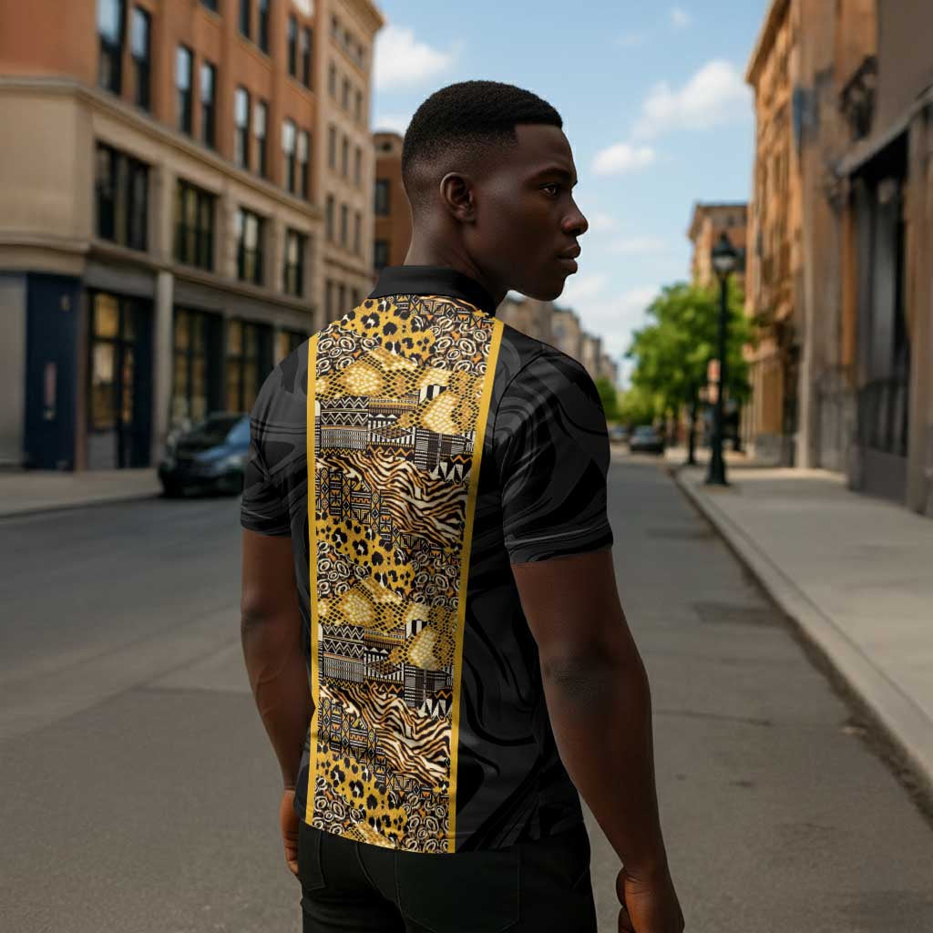 African Tribal Heritage Zipper Polo Shirt Black Gold Pattern
