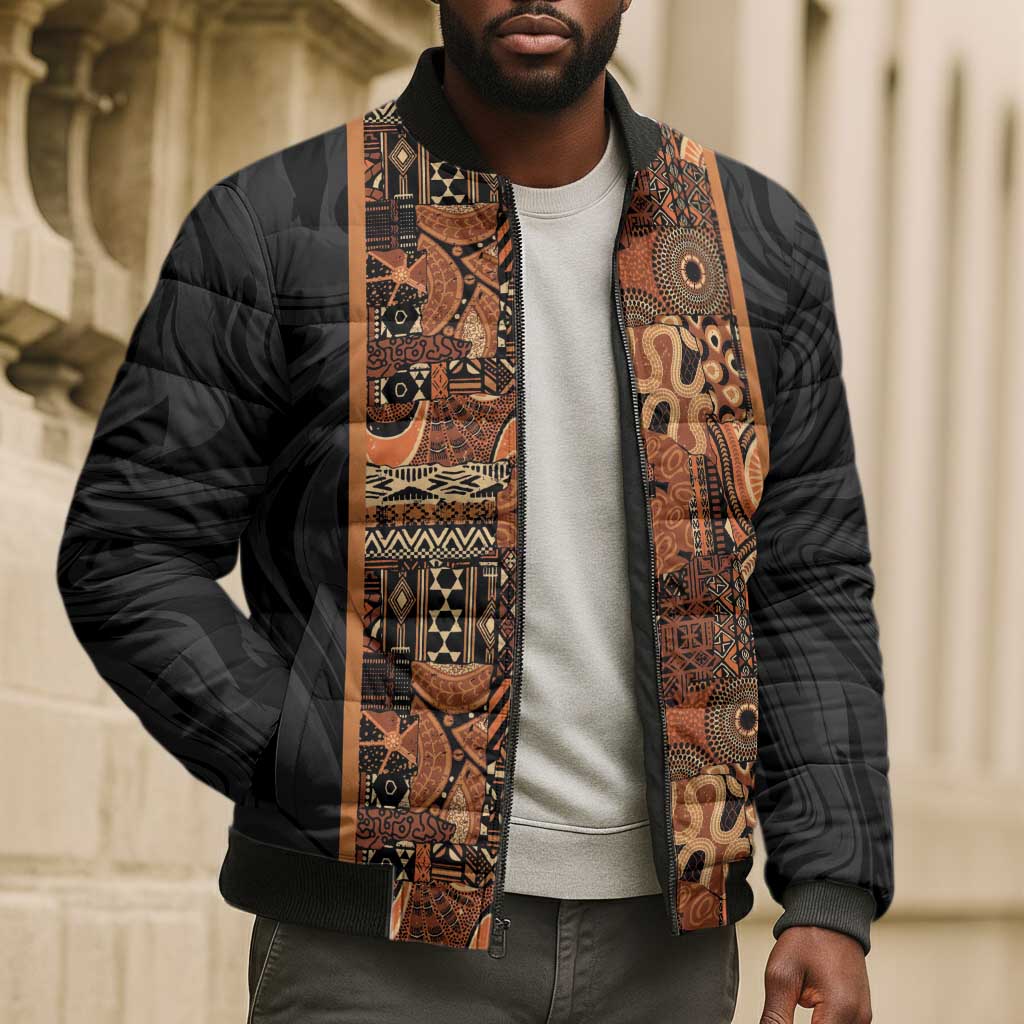 African Tribal Heritage Bomber Puffer Jacket Earth Tone Pattern