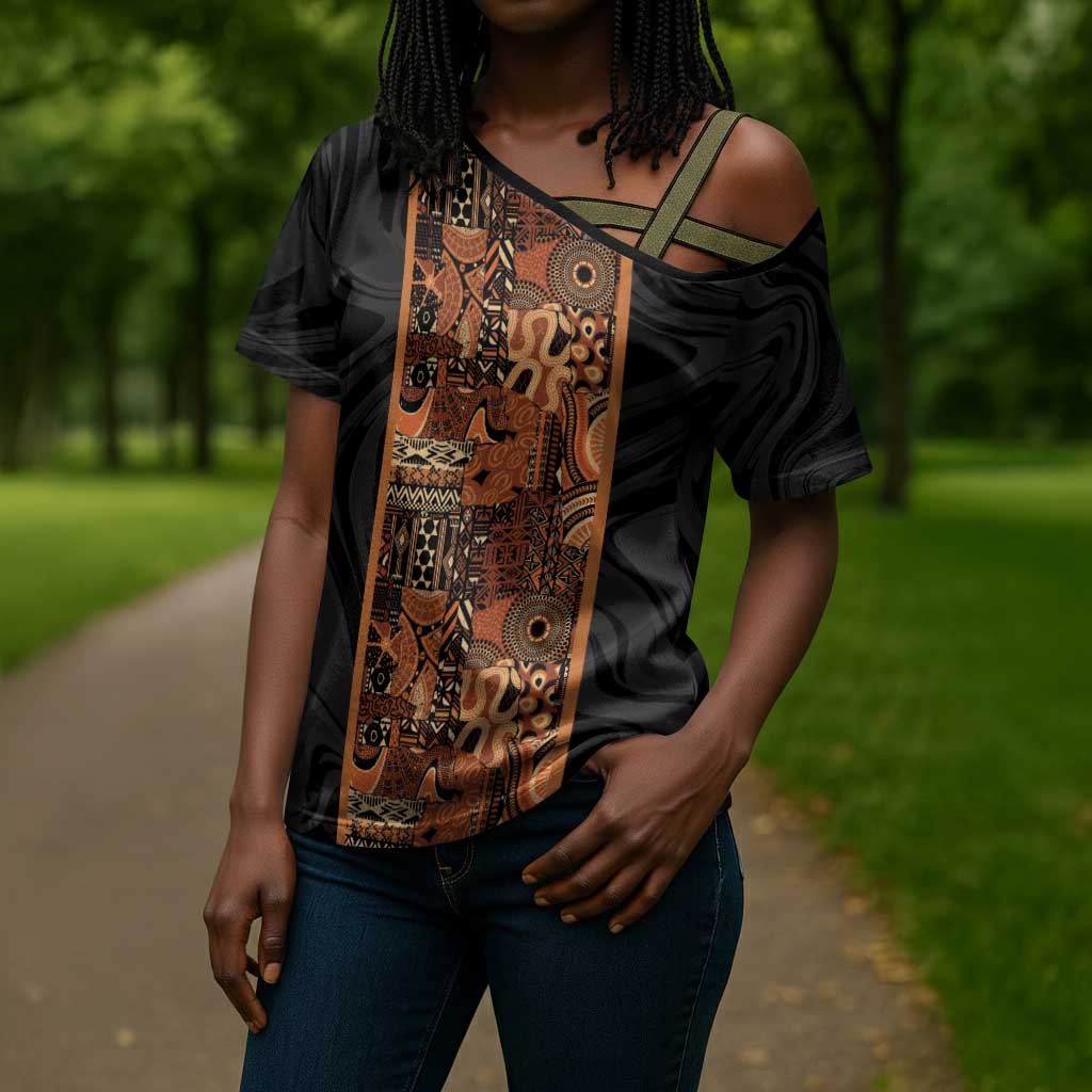 African Tribal Heritage Cross Shoulder Shirt Earth Tone Pattern
