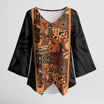 African Tribal Heritage Kimono Sleeve Blouse Earth Tone Pattern