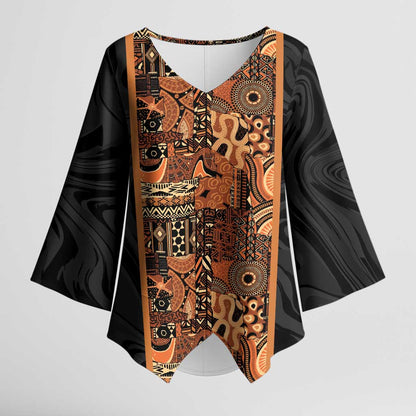 African Tribal Heritage Kimono Sleeve Blouse Earth Tone Pattern