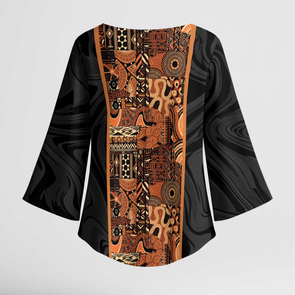 African Tribal Heritage Kimono Sleeve Blouse Earth Tone Pattern