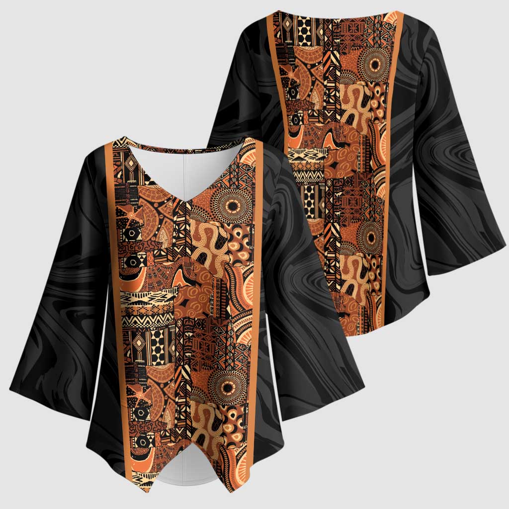 African Tribal Heritage Kimono Sleeve Blouse Earth Tone Pattern