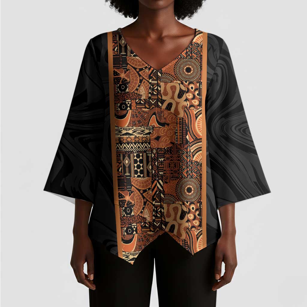 African Tribal Heritage Kimono Sleeve Blouse Earth Tone Pattern