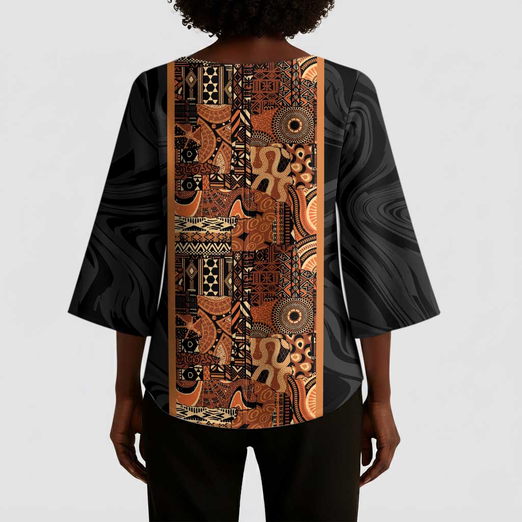 African Tribal Heritage Kimono Sleeve Blouse Earth Tone Pattern
